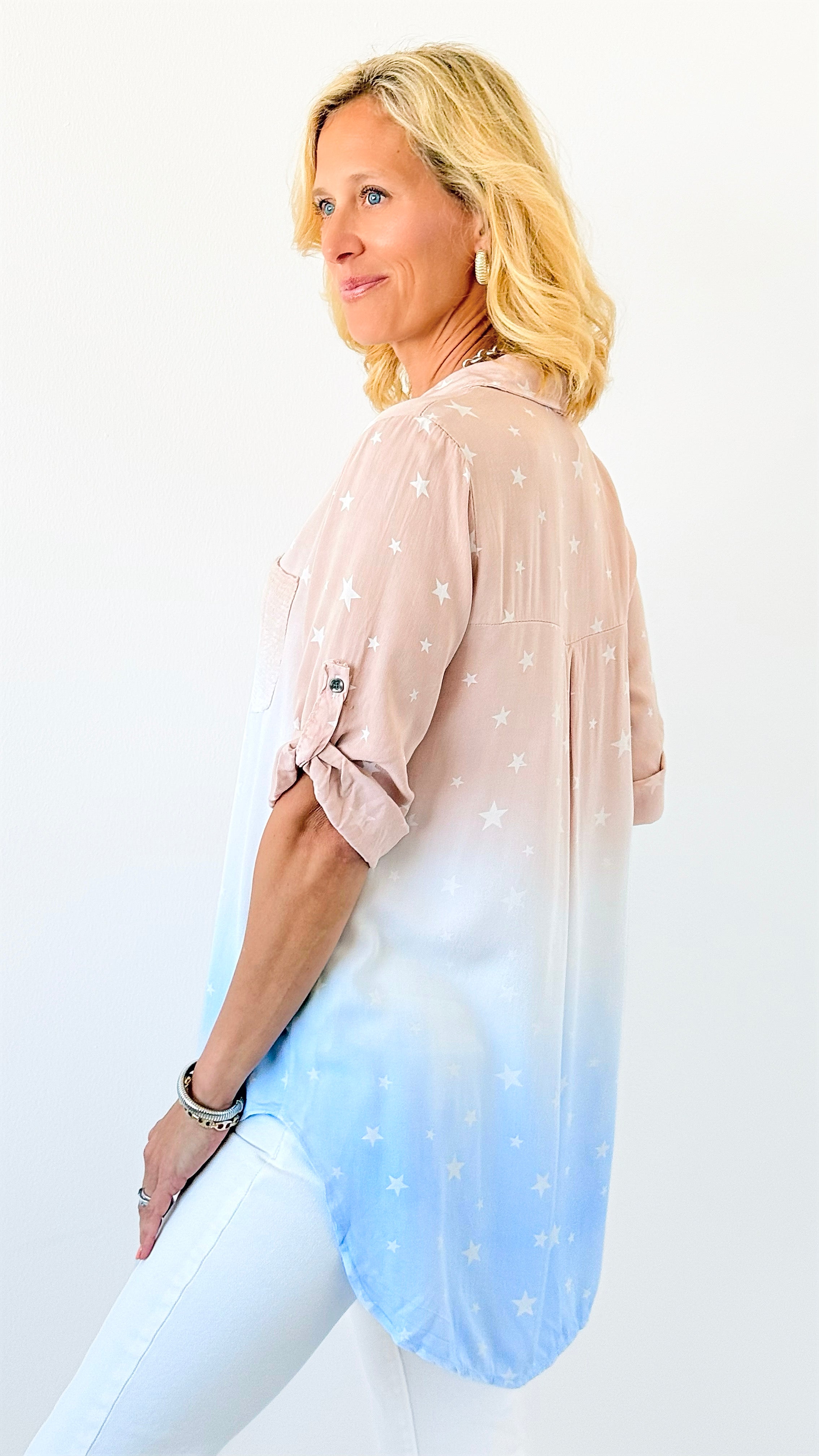 Ombre Stars & Sequin Italian Shirt-130 Long Sleeve Tops-Venti6 Outlet-Coastal Bloom Boutique, find the trendiest versions of the popular styles and looks Located in Indialantic, FL