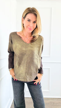 Gold Shine V-Neck Italian Pullover- Brown-140 Sweaters-Italianissimo-Coastal Bloom Boutique, find the trendiest versions of the popular styles and looks Located in Indialantic, FL