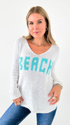 Beach Lightweight Knit V Neck - White/Aqua-140 Sweaters-Miracle-Coastal Bloom Boutique, find the trendiest versions of the popular styles and looks Located in Indialantic, FL
