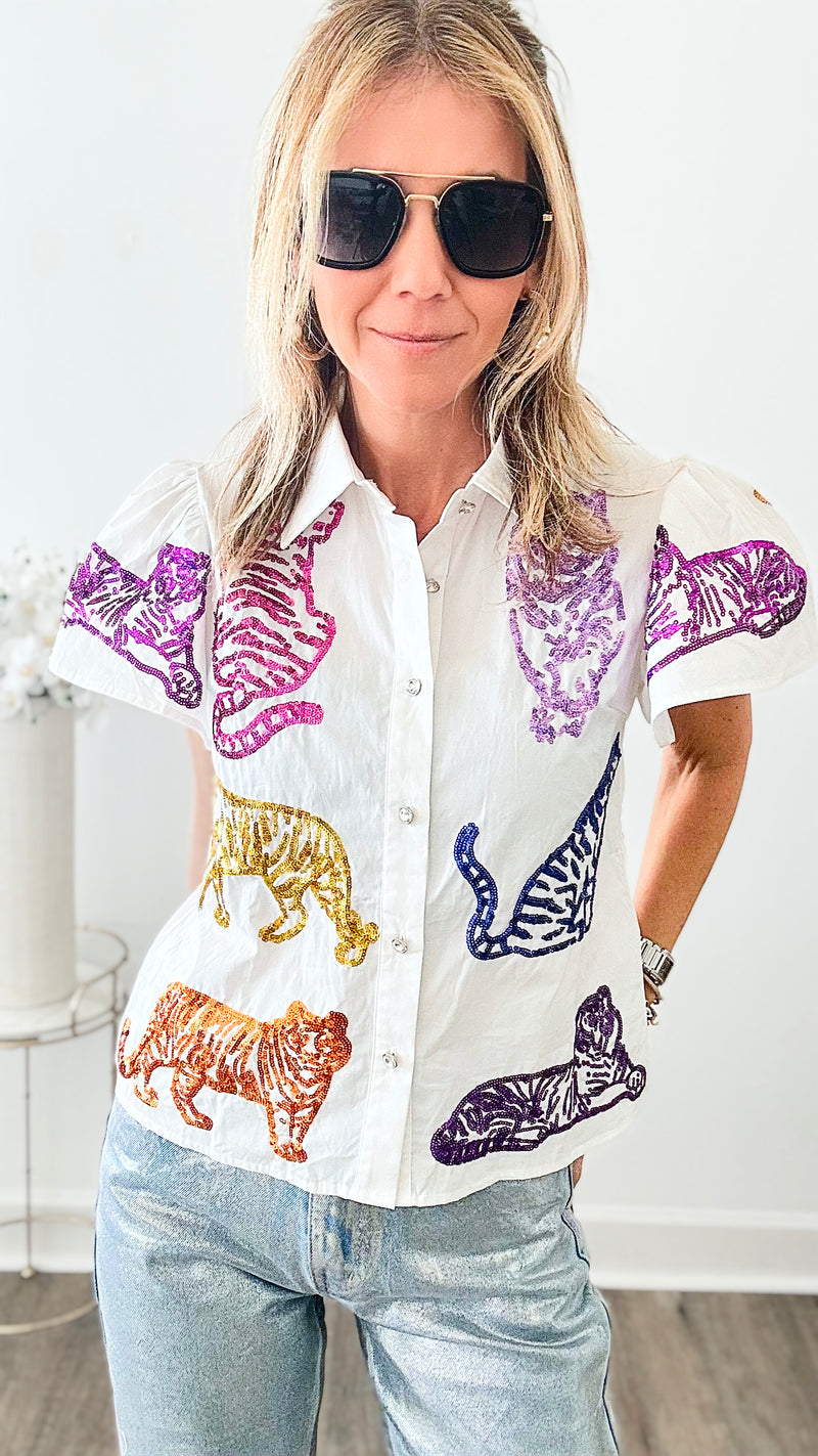 Rainbow Sequin Fierce Button Queen of Sparkles Top-110 Short Sleeve Tops-Queen of Sparkles-Coastal Bloom Boutique, find the trendiest versions of the popular styles and looks Located in Indialantic, FL