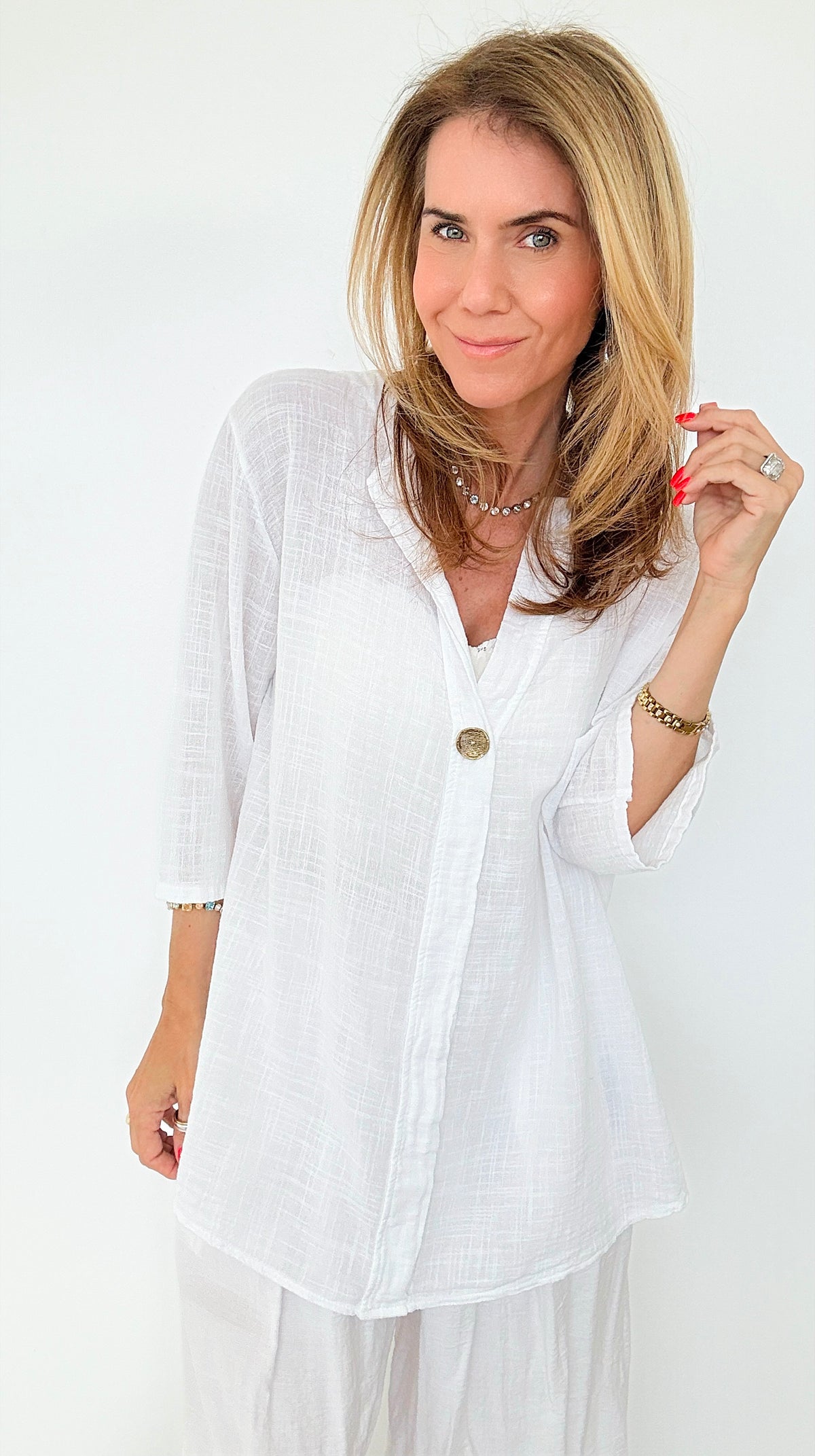 Serene Steps Italian Button Up Top- White-170 Bottoms-Italianissimo-Coastal Bloom Boutique, find the trendiest versions of the popular styles and looks Located in Indialantic, FL