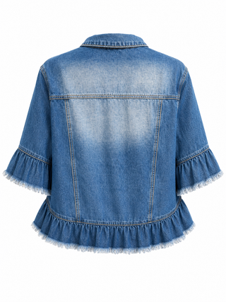 Ruffle Sleeve Raw Hem Denim Jacket