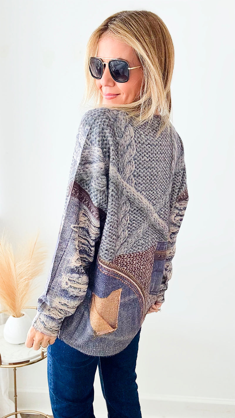 Mix Media Denim Pocket Sweater-140 Sweaters-original usa-Coastal Bloom Boutique, find the trendiest versions of the popular styles and looks Located in Indialantic, FL