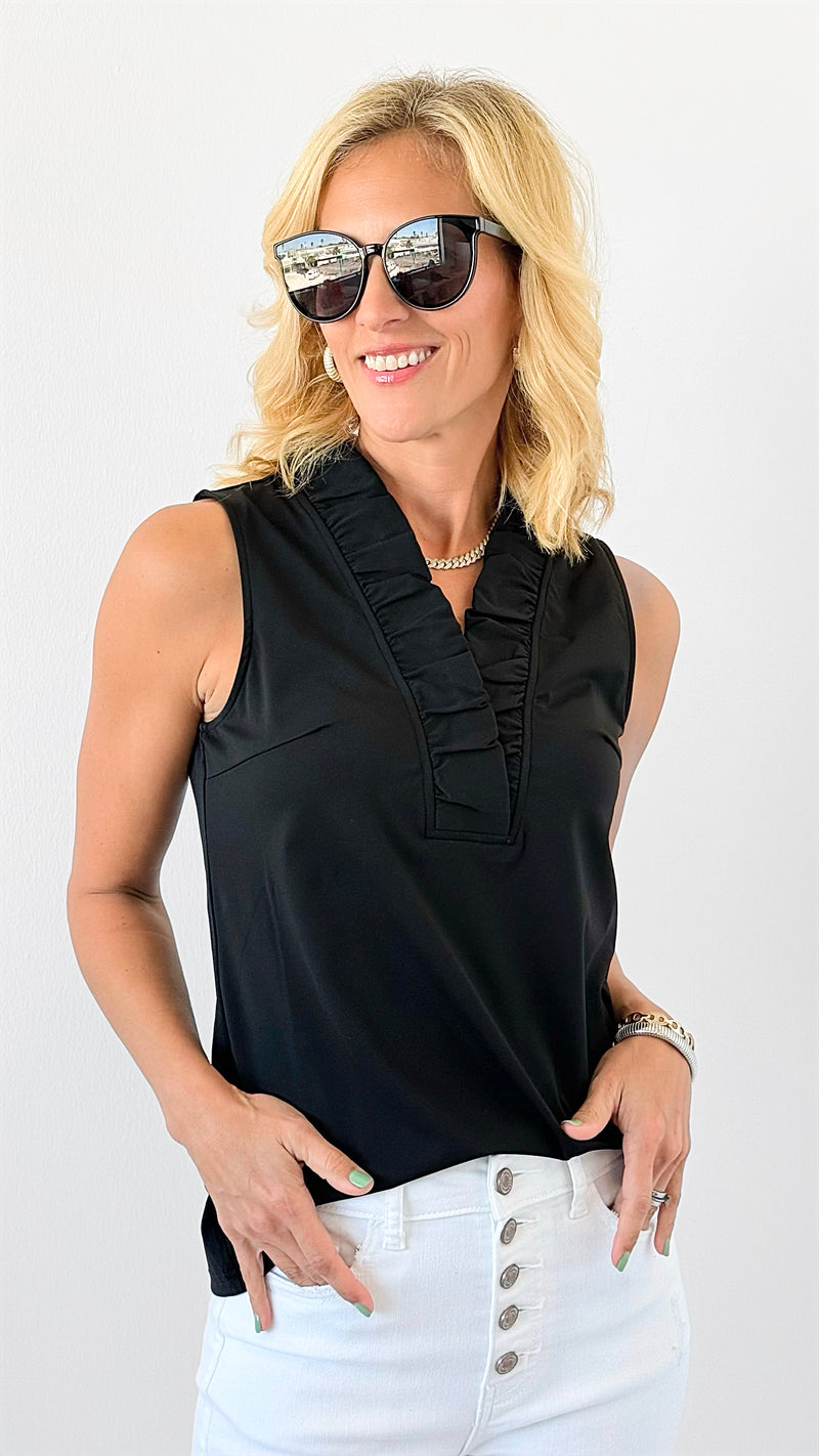 Ruffled V-Neck Sleeveless Top - Black-100 Sleeveless Tops-ARYEH-Coastal Bloom Boutique, find the trendiest versions of the popular styles and looks Located in Indialantic, FL