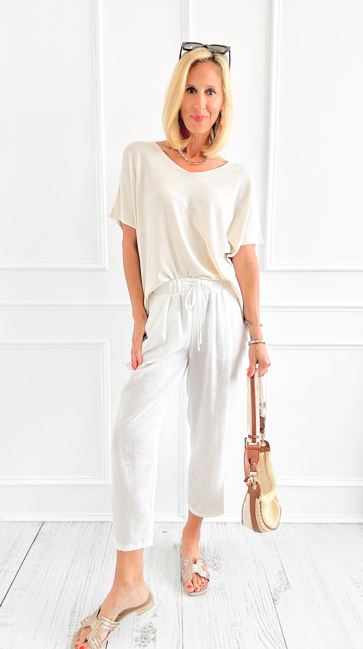 Woven Crepe Drawstring Elastic Waist Pants - Off White-170 Bottoms-Zenana-Coastal Bloom Boutique, find the trendiest versions of the popular styles and looks Located in Indialantic, FL