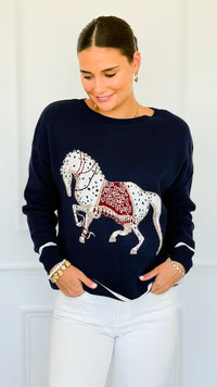 Equestrian Parade Italian Sweater- Navy-140 Sweaters-K2-Coastal Bloom Boutique, find the trendiest versions of the popular styles and looks Located in Indialantic, FL