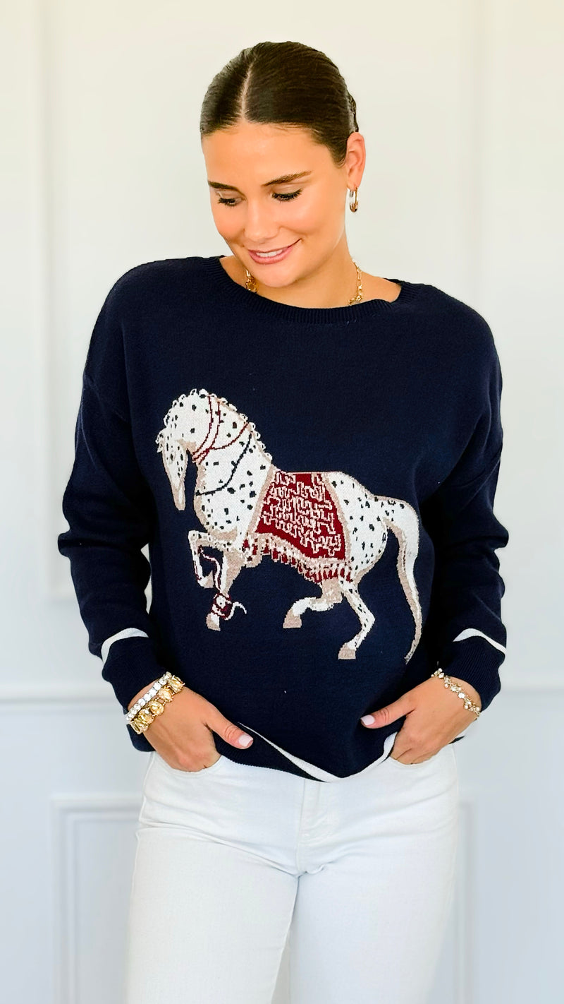 Equestrian Parade Italian Sweater- Navy-140 Sweaters-K2-Coastal Bloom Boutique, find the trendiest versions of the popular styles and looks Located in Indialantic, FL