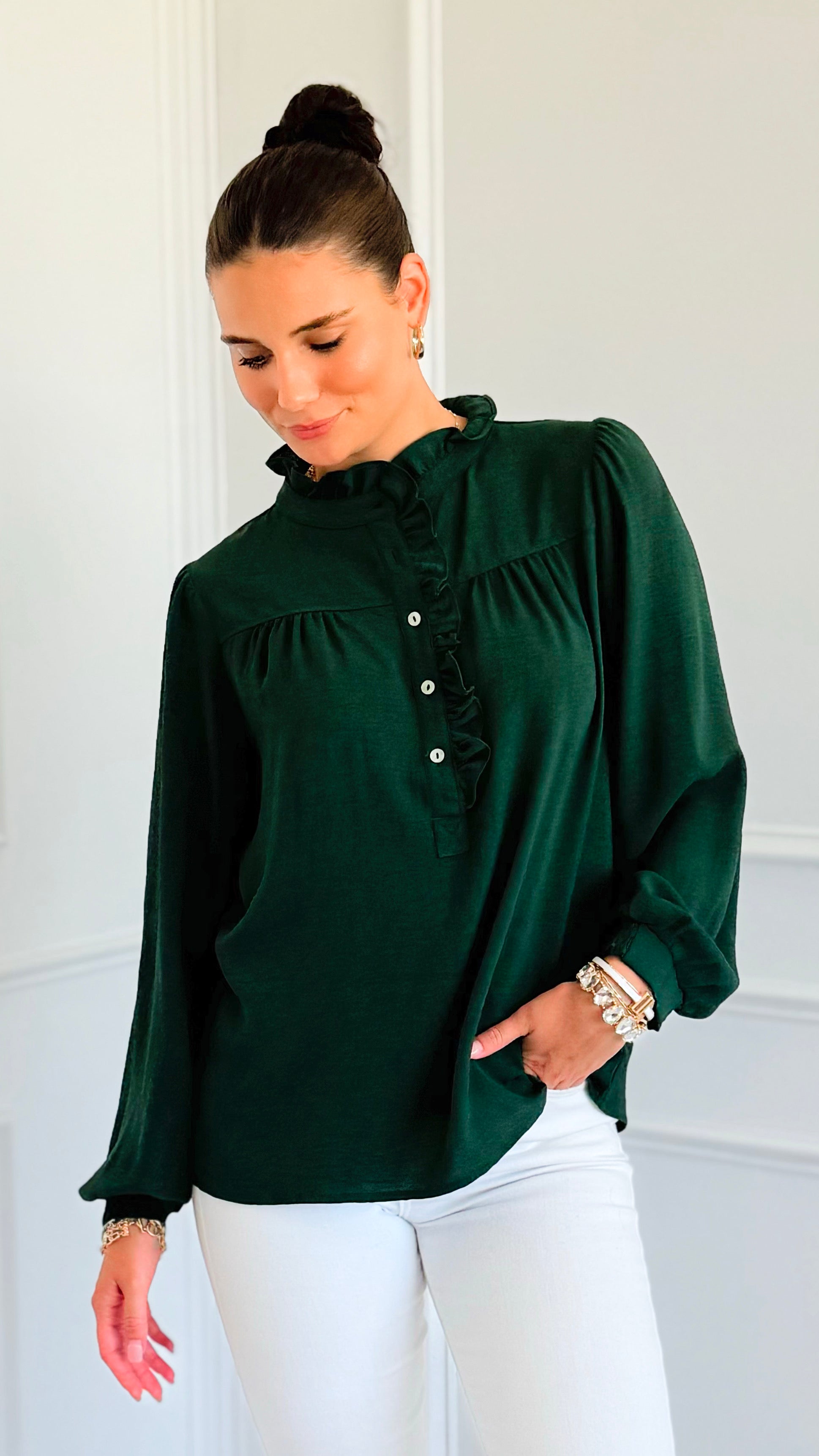 Victorian Muse Ruffle Top - Hunter Green-130 Long Sleeve Tops-JODIFL-Coastal Bloom Boutique, find the trendiest versions of the popular styles and looks Located in Indialantic, FL