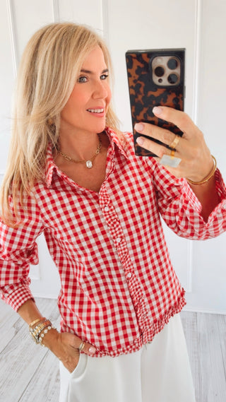 Gingham Ruffle Button Front Blouse