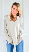 Vintage Terry Italian V-Neck Sweatshirt- Taupe-130 Long Sleeve Tops-Italianissimo-Coastal Bloom Boutique, find the trendiest versions of the popular styles and looks Located in Indialantic, FL