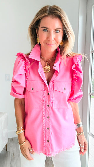 Linen Ruffle Button-Up Shirt - Bubblegum