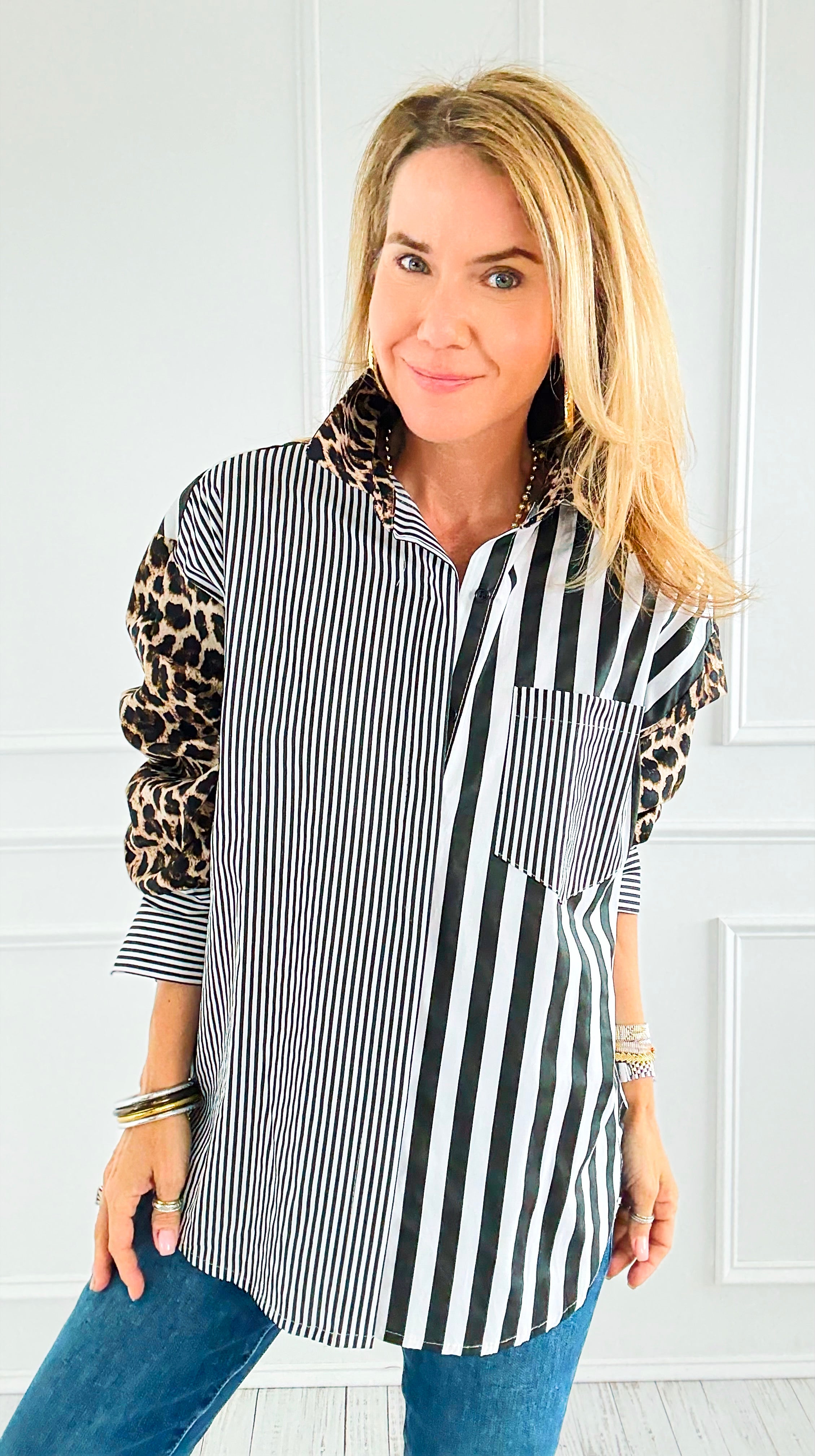 Leopard Stripe Italian Woven Blouse-110 Long Sleeve Tops-TATTOO Z-Coastal Bloom Boutique, find the trendiest versions of the popular styles and looks Located in Indialantic, FL
