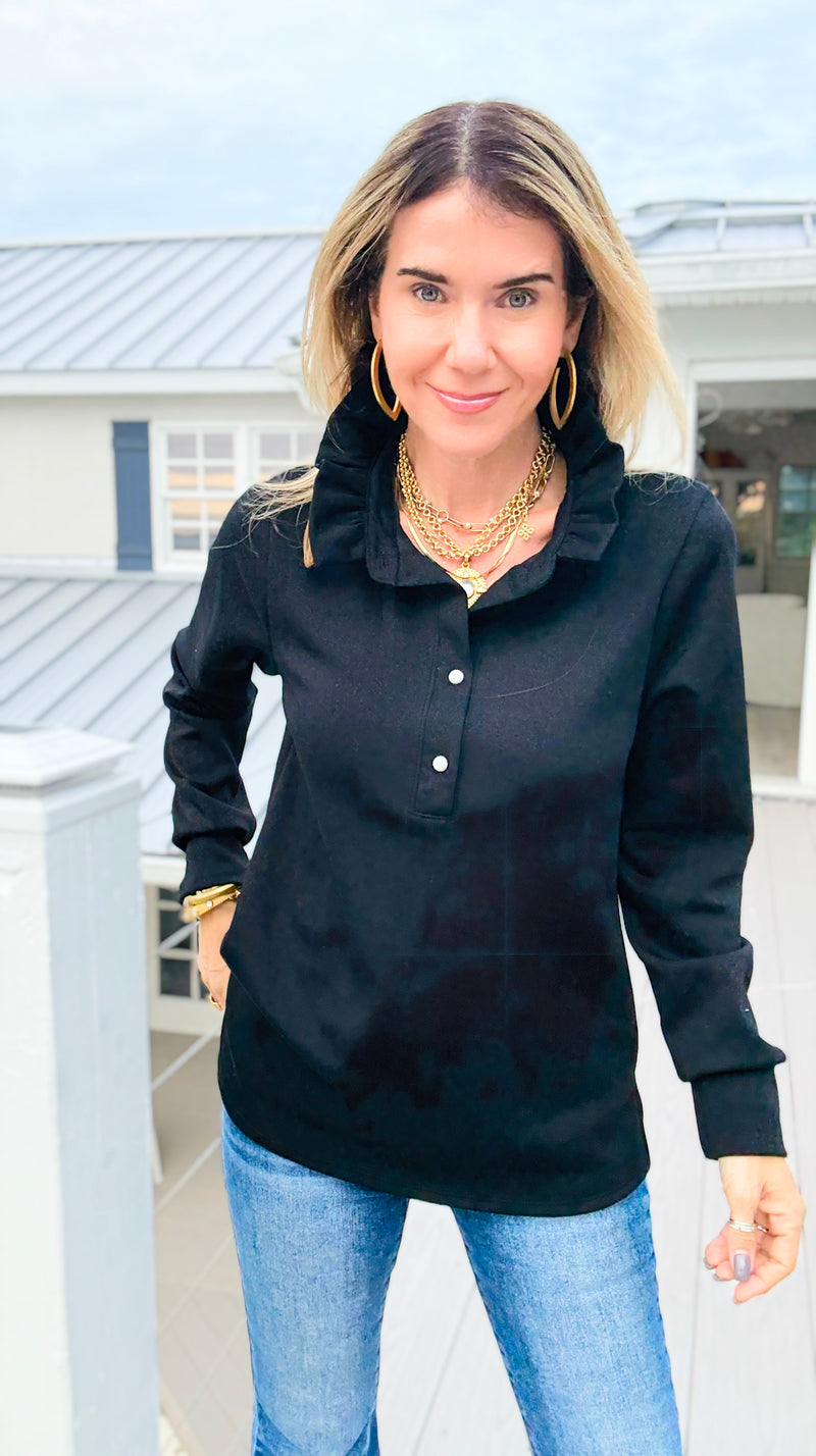 The Juliette Ruffle Long Sleeve Top- Black-110 Long Sleeve Tops-EC COLLECTION INC-Coastal Bloom Boutique, find the trendiest versions of the popular styles and looks Located in Indialantic, FL