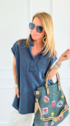 Weekend Ease Washed Collar Top - Navy-110 Short Sleeve Tops-White Birch-Coastal Bloom Boutique, find the trendiest versions of the popular styles and looks Located in Indialantic, FL