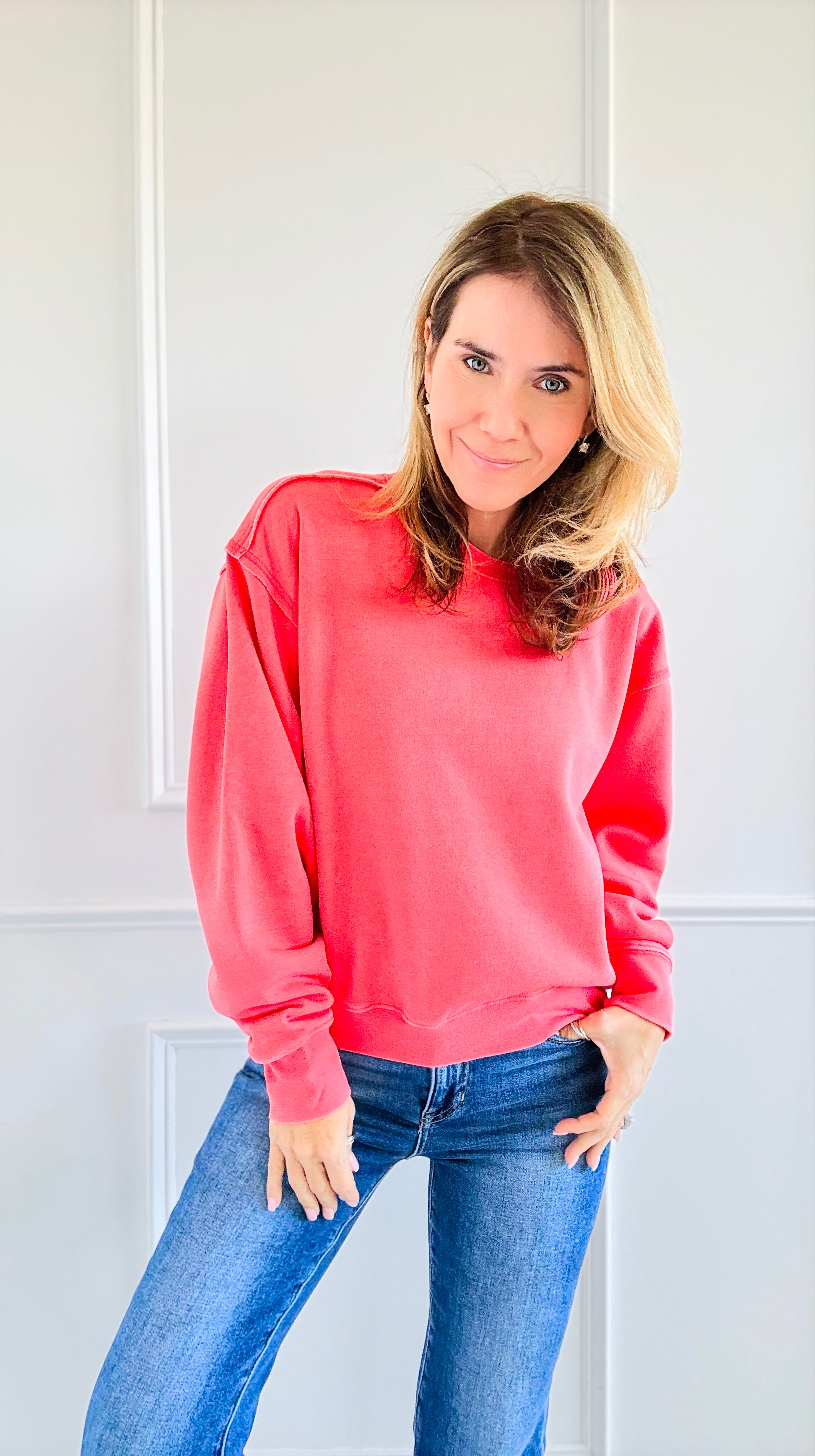 French Terry Sweatshirt - Coral-130 Long Sleeve Tops-HYFVE-Coastal Bloom Boutique, find the trendiest versions of the popular styles and looks Located in Indialantic, FL