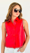 Crystal Edge Satin Button-Up - Red-130 Long Sleeve Tops-PASTEL DESIGN-Coastal Bloom Boutique, find the trendiest versions of the popular styles and looks Located in Indialantic, FL