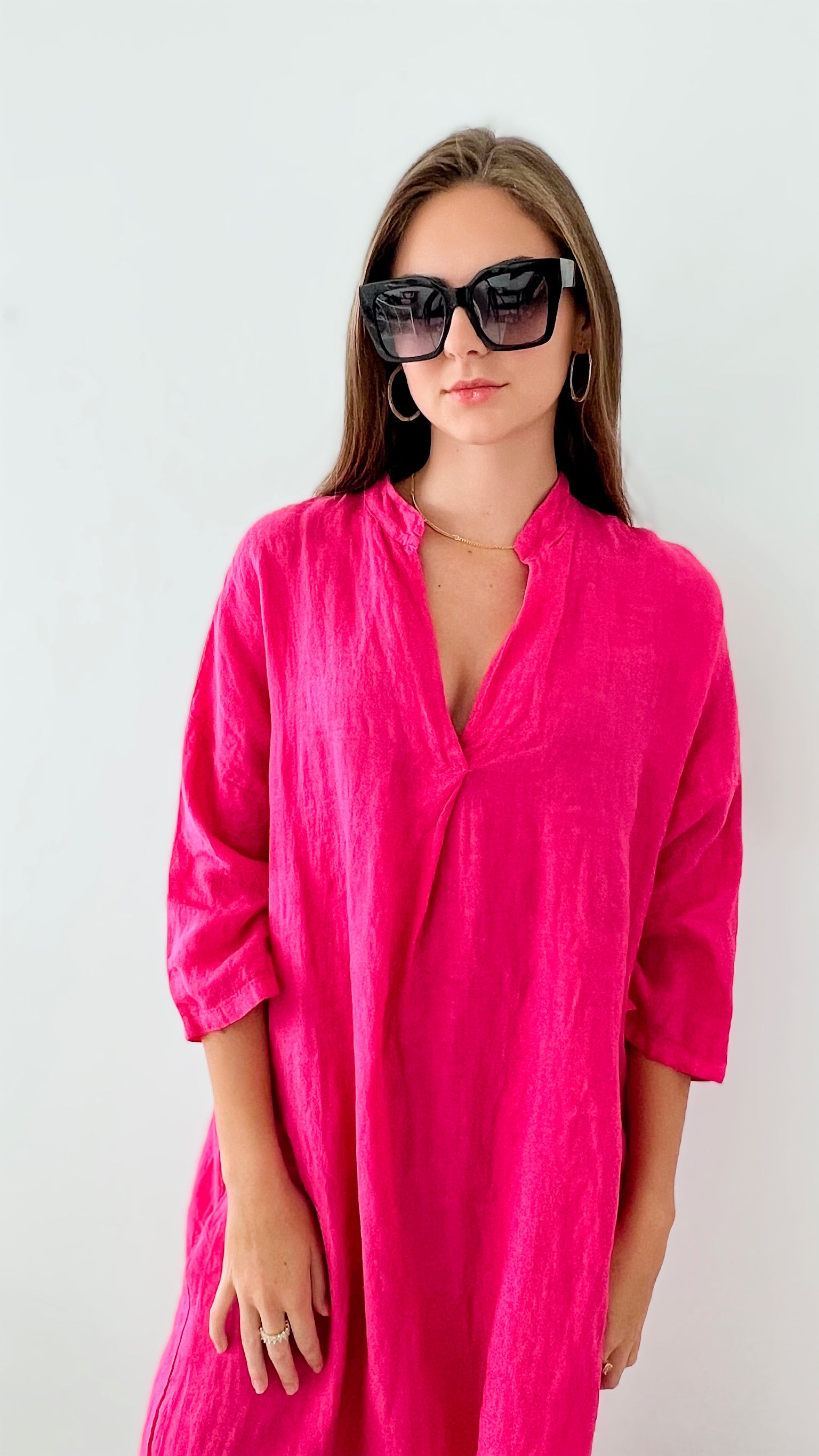 Pocketed Linen Tunic Italian Dress - Fuchsia-200 Dresses/Jumpsuits/Rompers-Yolly-Coastal Bloom Boutique, find the trendiest versions of the popular styles and looks Located in Indialantic, FL