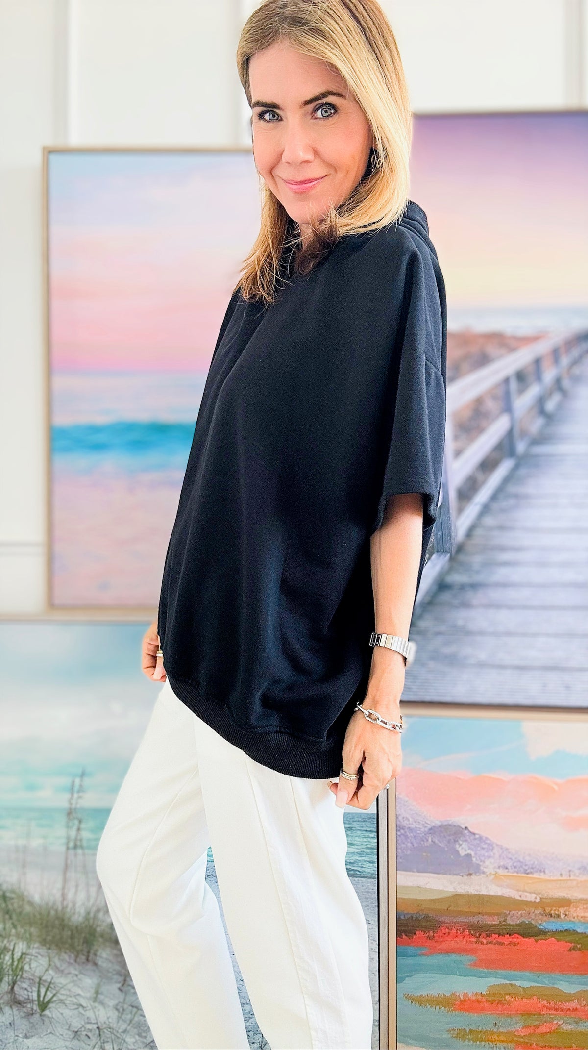 Relaxed Italian Hoodie Top - Black-110 Short Sleeve Tops-Italianissimo-Coastal Bloom Boutique, find the trendiest versions of the popular styles and looks Located in Indialantic, FL