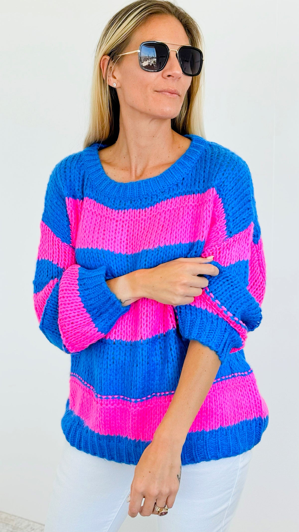 Striped Bubble Sleeve Knitted Sweater - Blue & Pink-140 Sweaters-Miracle-Coastal Bloom Boutique, find the trendiest versions of the popular styles and looks Located in Indialantic, FL