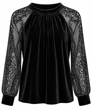 Velvet Lace Sleeve Mock Neck Blouse