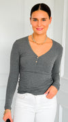Button Me Up Ribbed Top - Heather Charcoal-130 Long Sleeve Tops-YELETE-Coastal Bloom Boutique, find the trendiest versions of the popular styles and looks Located in Indialantic, FL