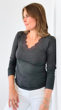 Soft Embrace Lace Trim Top - Charcoal-130 Long Sleeve Tops-mystree-Coastal Bloom Boutique, find the trendiest versions of the popular styles and looks Located in Indialantic, FL