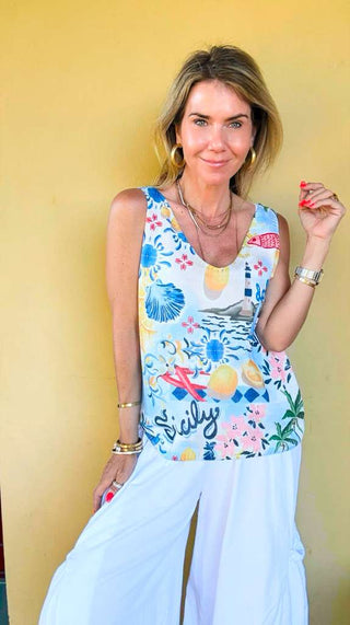 Sicily Sun Italian Knit Tank Top- Blue