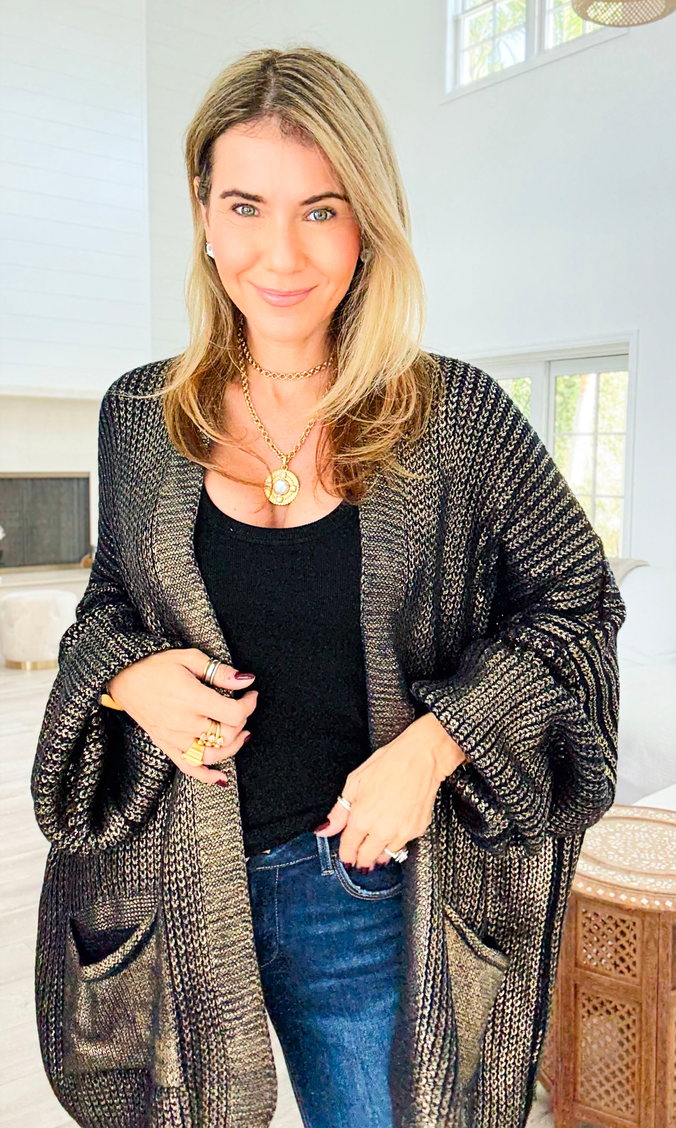 Mirrored Metallic Sugar High Italian Cardigan- Navy/Gold-150 Cardigan Layers-Italianissimo-Coastal Bloom Boutique, find the trendiest versions of the popular styles and looks Located in Indialantic, FL