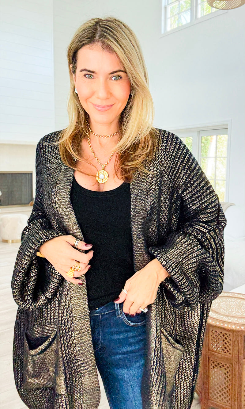 Mirrored Metallic Sugar High Italian Cardigan- Navy/Gold-150 Cardigan Layers-Italianissimo-Coastal Bloom Boutique, find the trendiest versions of the popular styles and looks Located in Indialantic, FL