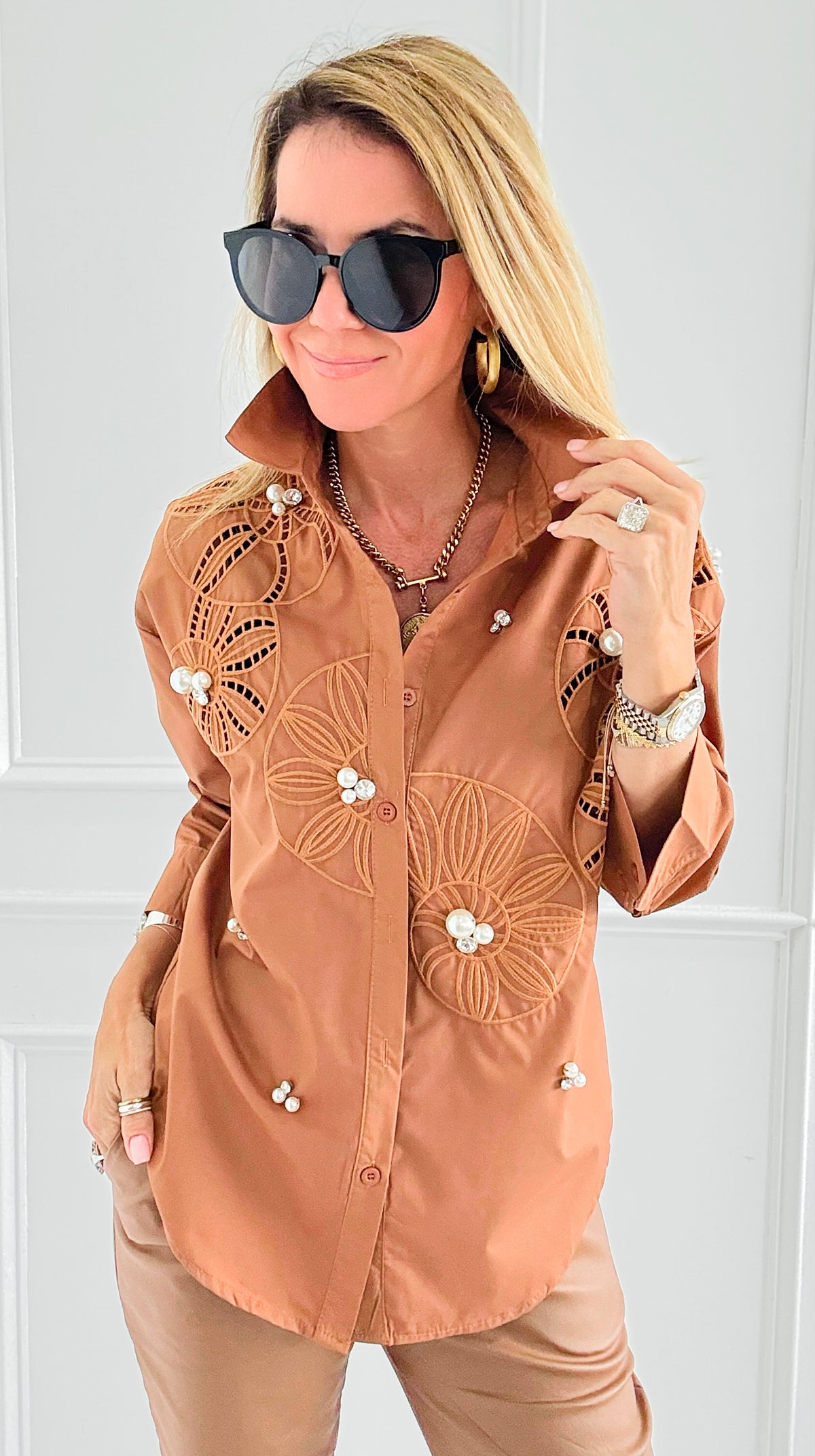 Rhinestone Embroidered Blouse-130 Long Sleeve Tops-PASTEL DESIGN-Coastal Bloom Boutique, find the trendiest versions of the popular styles and looks Located in Indialantic, FL