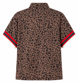 Leopard Print Striped Trim Quarter Zip Top