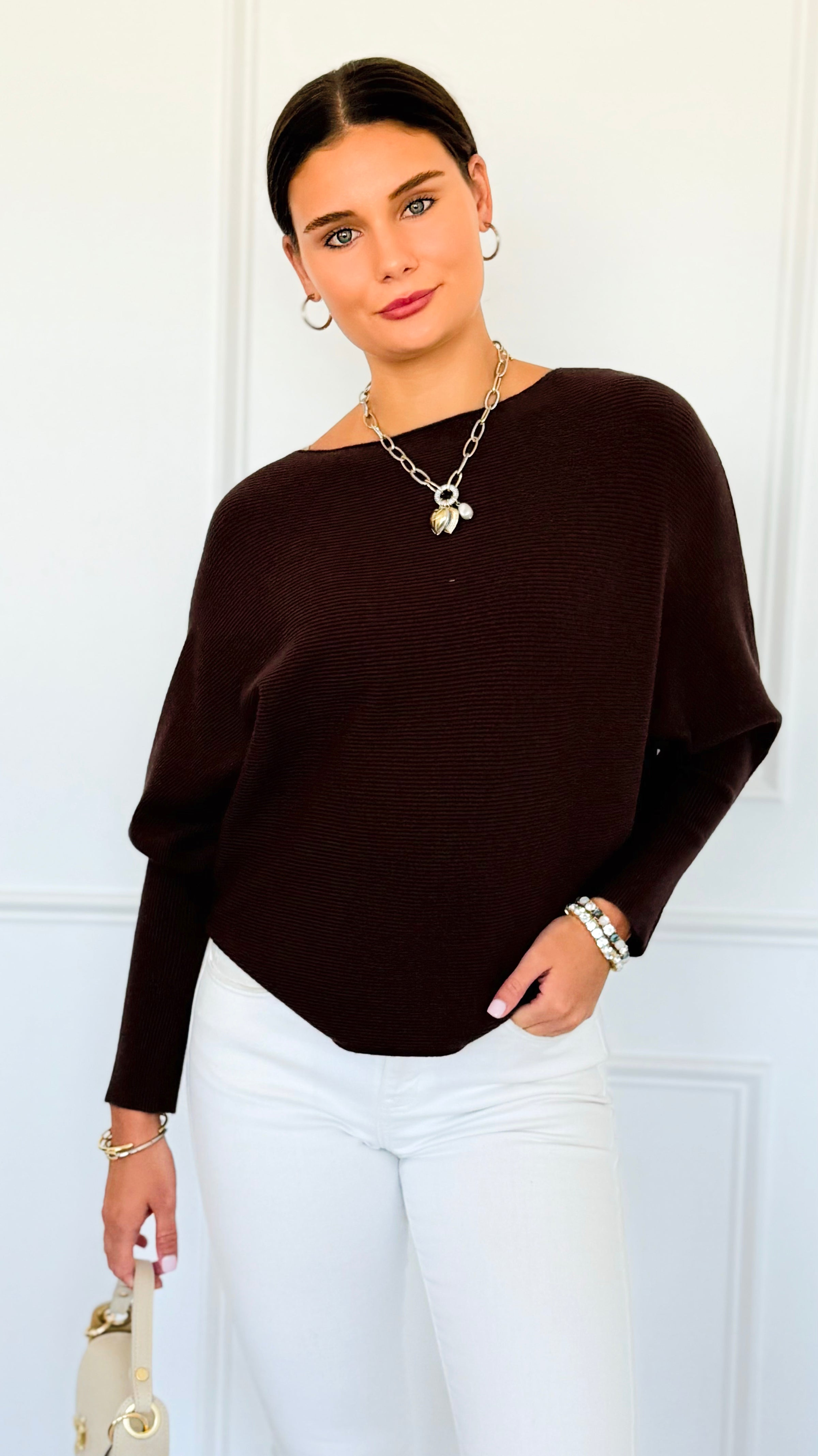 Ribbed Italian Pullover- Chocolate-140 Sweaters-Italianissimo-Coastal Bloom Boutique, find the trendiest versions of the popular styles and looks Located in Indialantic, FL