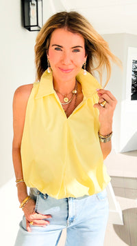 Bubble Hem Collared Sleeveless Top -Butter Yellow
