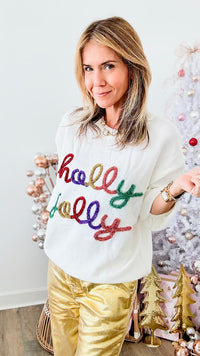 Holly Jolly Sweatshirt - White Multi-130 Long Sleeve Tops-BIBI-Coastal Bloom Boutique, find the trendiest versions of the popular styles and looks Located in Indialantic, FL