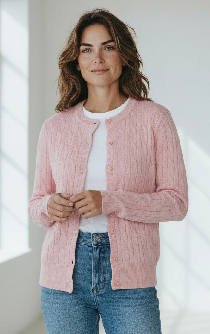 Cable Knit Crew Neck Cardigan- Dusty Pink￼-140 Sweaters-CIELO-Coastal Bloom Boutique, find the trendiest versions of the popular styles and looks Located in Indialantic, FL