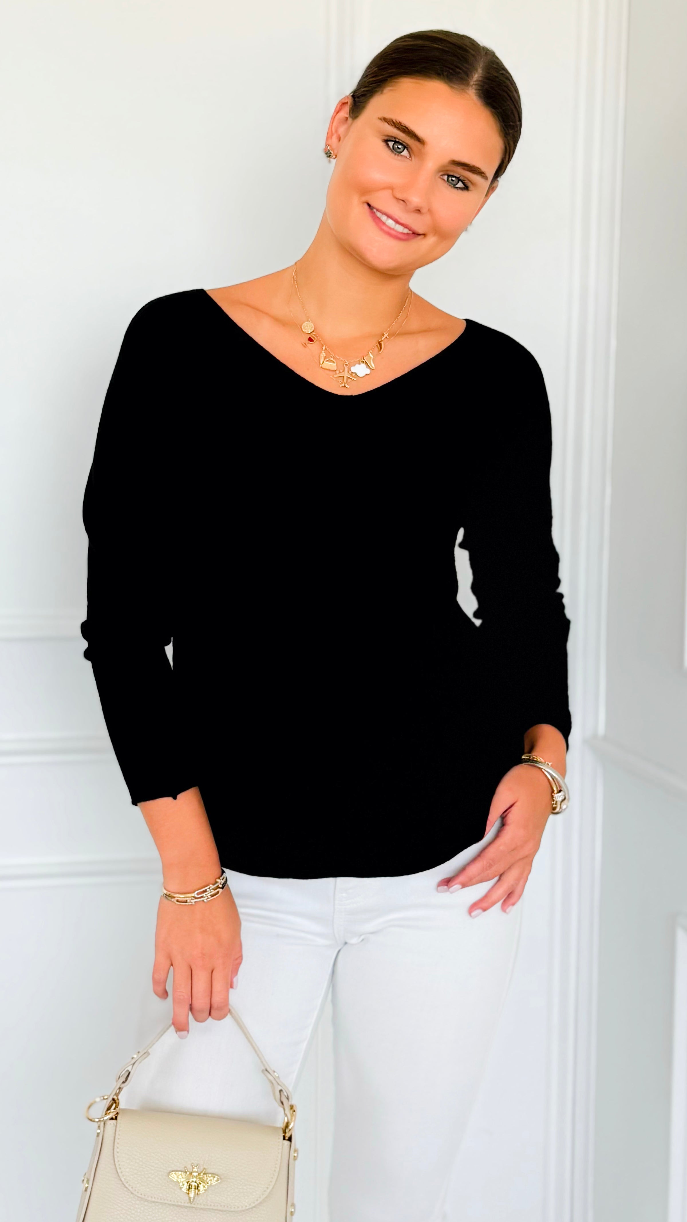 Soho Italian V-Neck Pullover - Black-140 Sweaters-Italianissimo/ Max & D-Coastal Bloom Boutique, find the trendiest versions of the popular styles and looks Located in Indialantic, FL