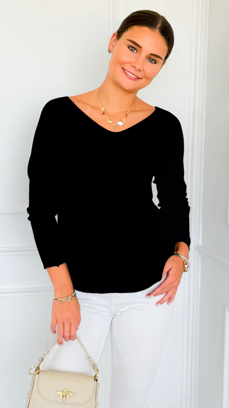 Soho Italian V-Neck Pullover - Black-140 Sweaters-Italianissimo/ Max & D-Coastal Bloom Boutique, find the trendiest versions of the popular styles and looks Located in Indialantic, FL