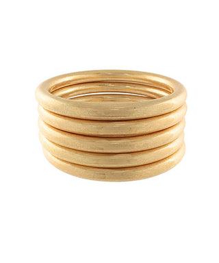 Stack of wooden bangles on a white background