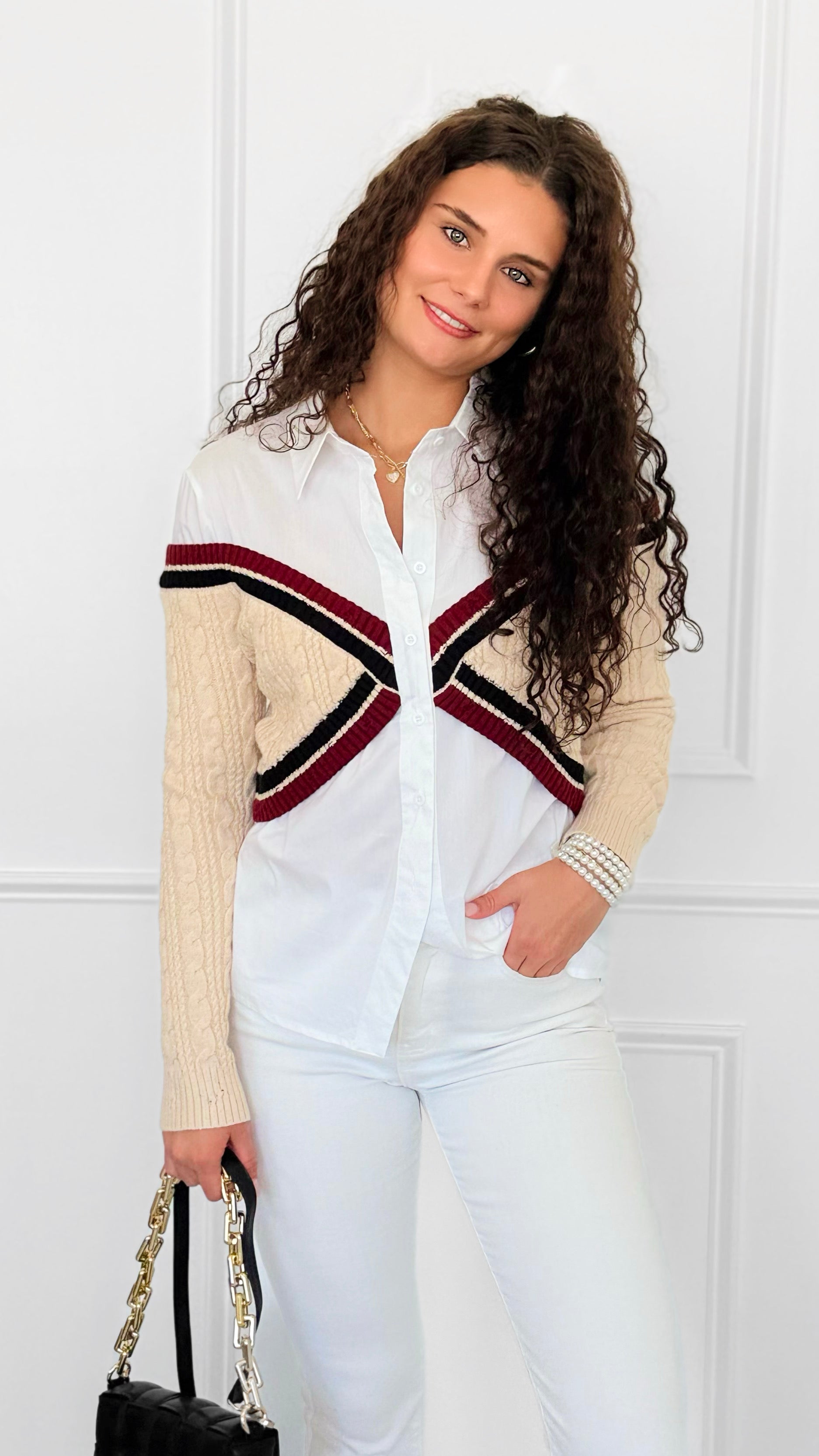 Varsity Remix Cable Knit Top-130 Long Sleeve Tops-LA' ROS-Coastal Bloom Boutique, find the trendiest versions of the popular styles and looks Located in Indialantic, FL