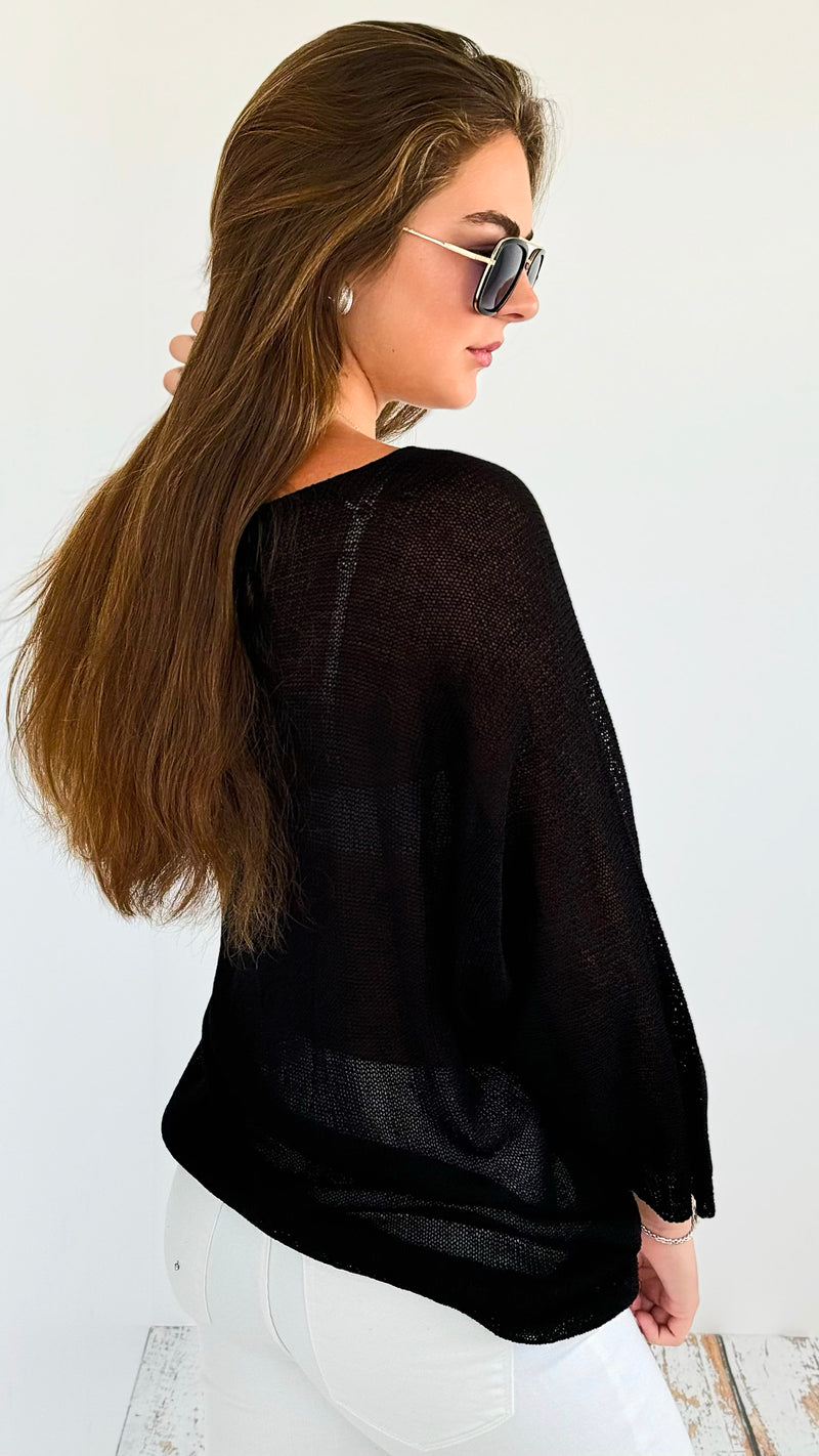 Metallic Printed Ribbed Italian Sweater - Black-140 Sweaters-UM-Coastal Bloom Boutique, find the trendiest versions of the popular styles and looks Located in Indialantic, FL