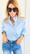 Sophia Ruffled Italian Shirt- Sky Blue-110 Long Sleeve Tops-TATTOO Z-Coastal Bloom Boutique, find the trendiest versions of the popular styles and looks Located in Indialantic, FL
