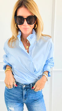 Sophia Ruffled Italian Shirt- Sky Blue-110 Long Sleeve Tops-TATTOO Z-Coastal Bloom Boutique, find the trendiest versions of the popular styles and looks Located in Indialantic, FL