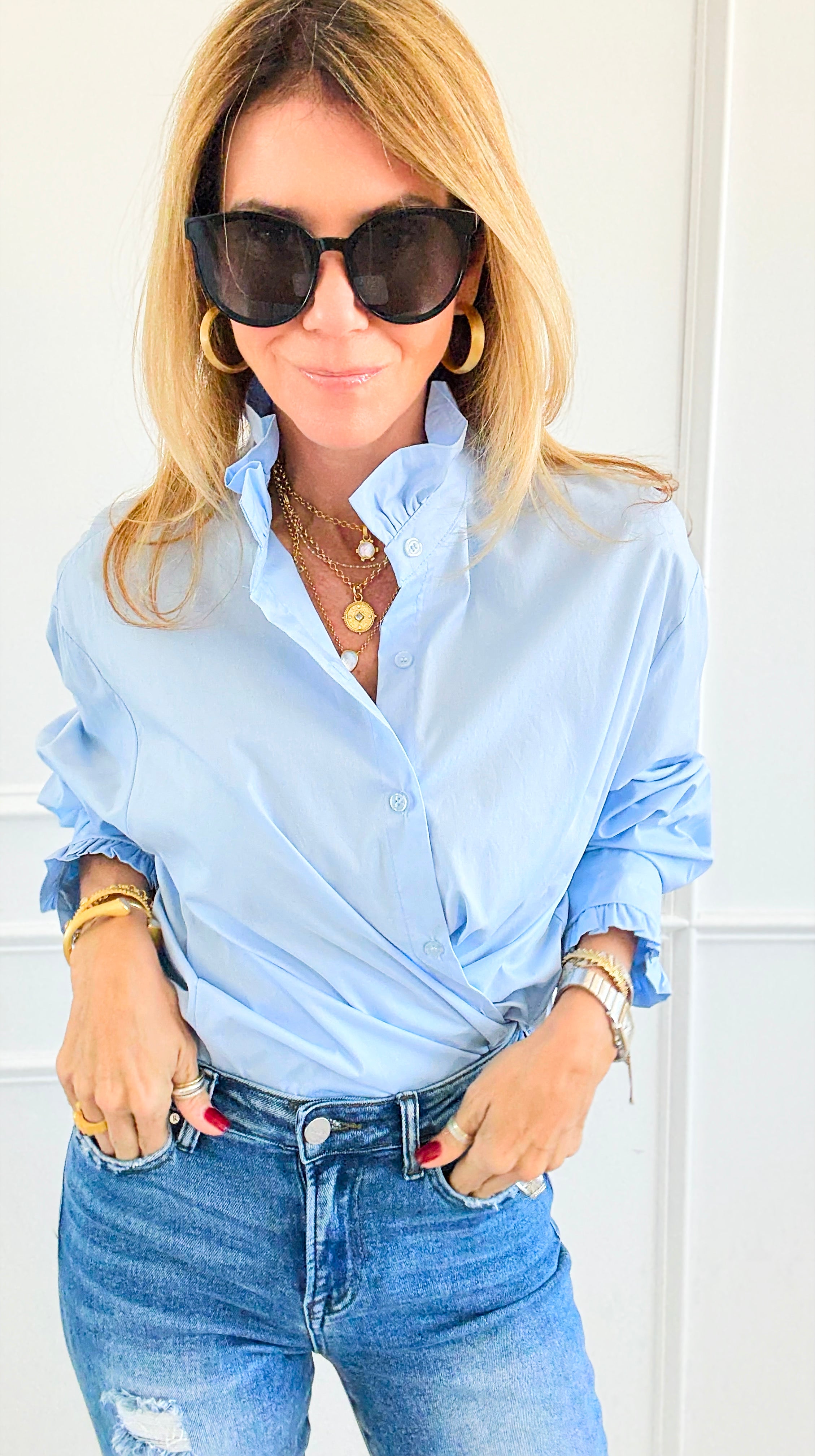 Sophia Ruffled Italian Shirt- Sky Blue-110 Long Sleeve Tops-TATTOO Z-Coastal Bloom Boutique, find the trendiest versions of the popular styles and looks Located in Indialantic, FL
