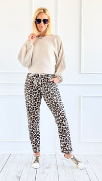 Leopard Luxe Drawstring Italian Joggers - Beige-180 Joggers-VENTI6 OUTLET-Coastal Bloom Boutique, find the trendiest versions of the popular styles and looks Located in Indialantic, FL