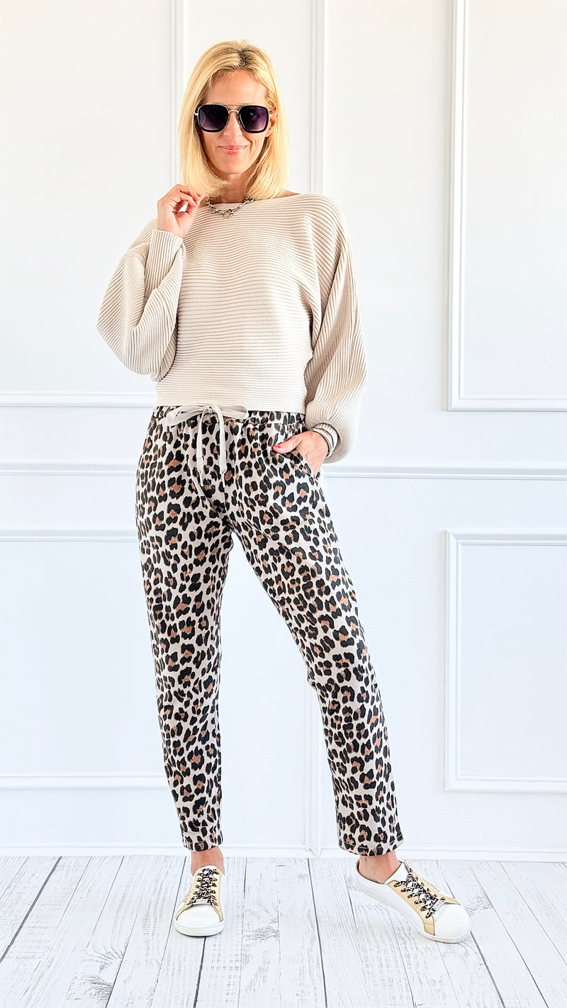 Leopard Luxe Drawstring Italian Joggers - Beige-180 Joggers-VENTI6 OUTLET-Coastal Bloom Boutique, find the trendiest versions of the popular styles and looks Located in Indialantic, FL