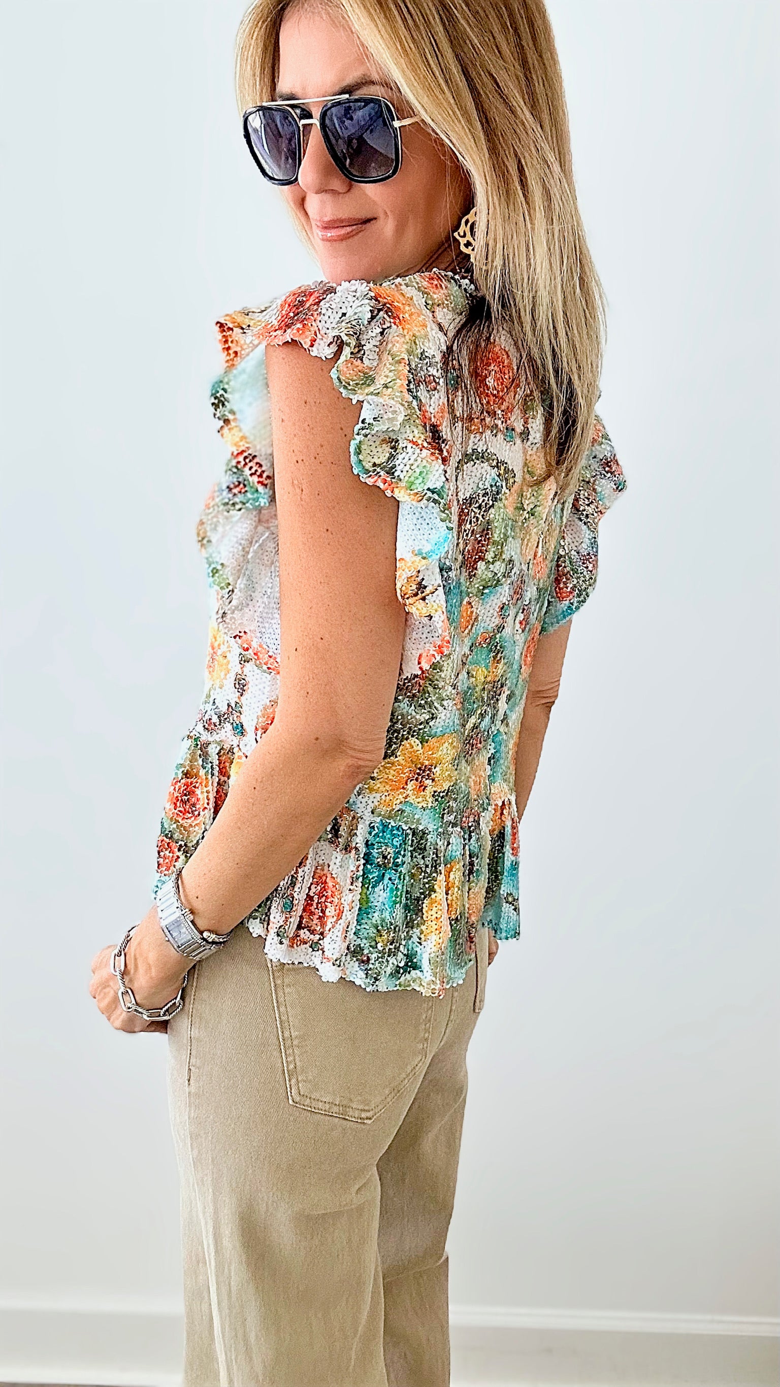 Ruffle Sequin Floral Peplum Blouse-110 Short Sleeve Tops-Rousseau-Coastal Bloom Boutique, find the trendiest versions of the popular styles and looks Located in Indialantic, FL