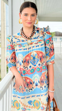 Sunlit Mosaic Ruffle Tie Dress