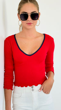 V-Neck Ribbed Crop Top - Red-130 Long Sleeve Tops-Heart&Hips-Coastal Bloom Boutique, find the trendiest versions of the popular styles and looks Located in Indialantic, FL