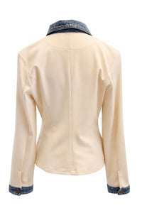 Layered Look Denim Trim Knit Jacket - Ecru
