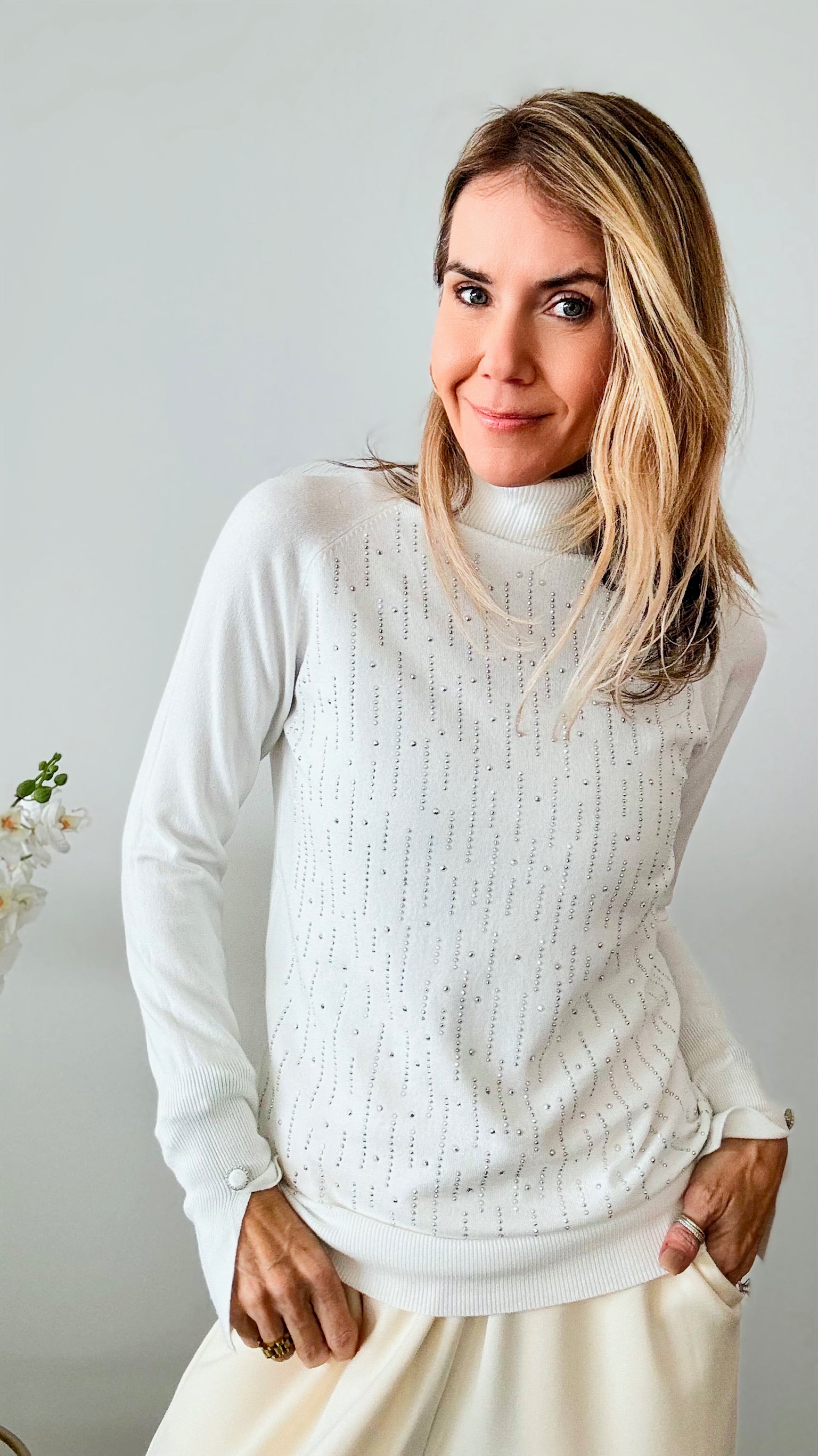 Shimmer Turtleneck CZ Sweater - White-130 Long Sleeve Tops-IN2YOU-Coastal Bloom Boutique, find the trendiest versions of the popular styles and looks Located in Indialantic, FL